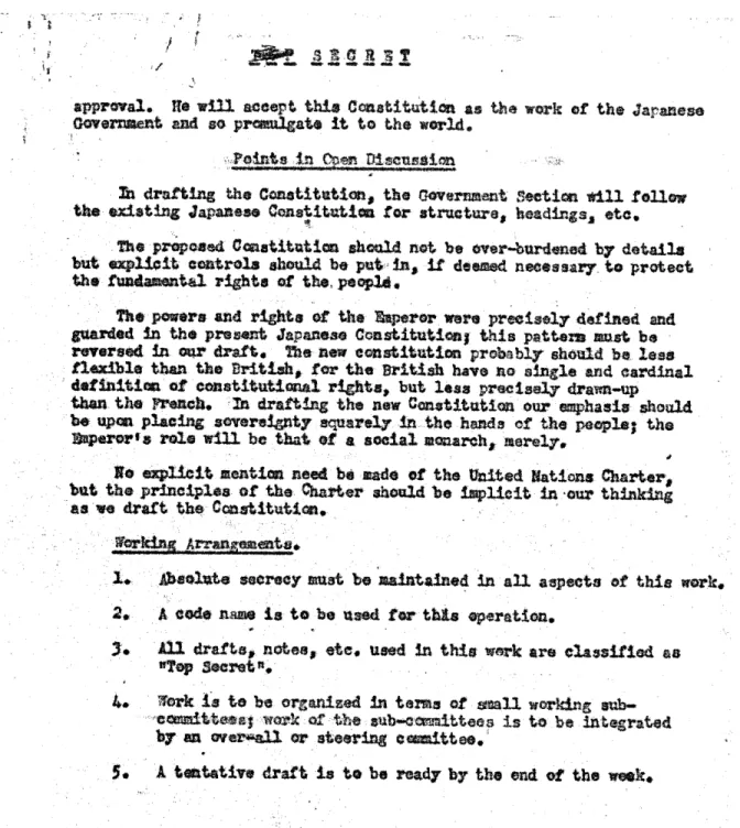 Fig. 1.3b Planning the drafting of the Japanese constitution, part 2. As is explained below in this chapter, secrecy was still maintained 16 years later as experienced by Alfred Hussey when he tried to publish his memoirs as a SCAP officer