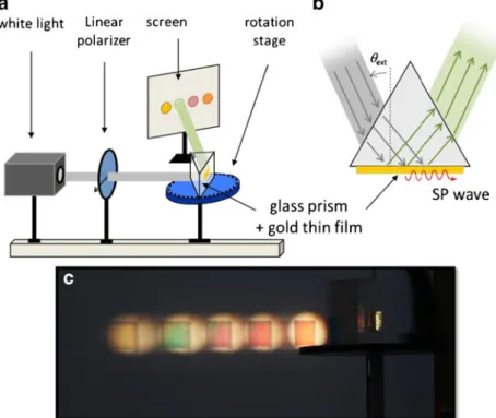 Fig. 6 Experimental setup for exciting surface plasmon wave on a thin gold film (50 nm in thickness) placed on one face of a glass prism.