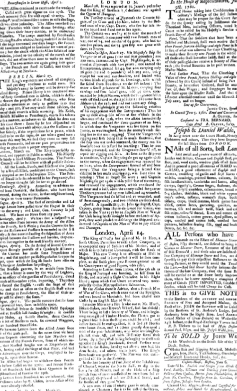 Figure 1. Green &amp; Russell’s Boston Post-Boy &amp; Advertiser, June 8, 1761, p. 2, with a mix of paragraphs and advertisements typical of the American press during the colonial era