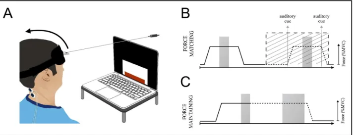 Fig 1. Setup and visuomotor tasks. (A) Setup for visuomotor tasks. Subjects were seated in front of a computer screen