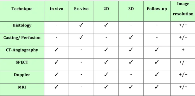 Table 2- Techniques for blood supply visualization. ✓ possible ; - not possible ; + high ;  − low ; +⁄− mean