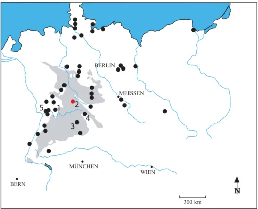 Fig. 1. Map of important German faïence manufactures (large dots) of the 17th to 19th centuries, redrawn from Klein (1975)