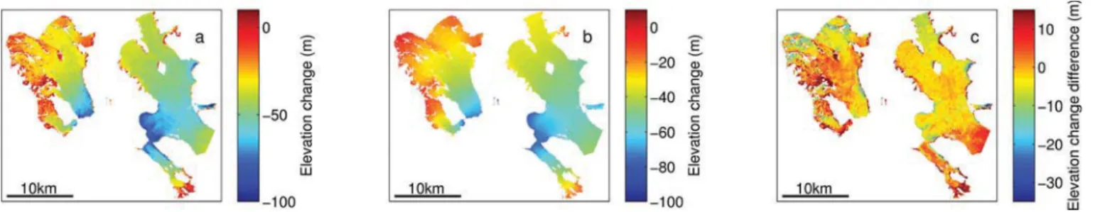 Fig. 10. Evolution of Yakutat Glacier under (a) scenario 1 (2020–2100) and (b) scenario 2 (2020–60)