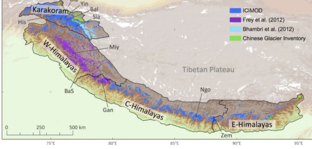 Figure 1. Study region and sources of the glacier inventory used for this study. The largest glaciers of each sub-region are indicated, see Table 4 for glacier names and volumes.