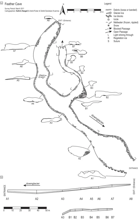Fig. 2. Feather cave maps. (a) Plan-view map. Dashed line on the left-hand side of the entrance cavern indicates the location of the sediments logged in Fig