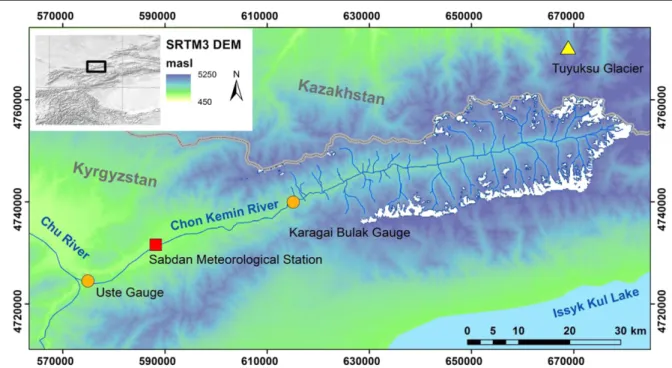 Figure 1. Overview of the glacierized Chon Kemin catchment in the Kyrgyz-Kazakh border region.
