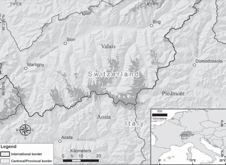 Fig. 1. Overview of study area. Glacierized areas are shaded in dark grey.