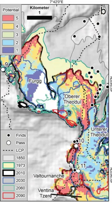 Fig. 5. GlaciArch results around the Theodulhorn. Passes listed are the Breuiljoch (9), Theodulpass (10), and the Passo di Ventina Nord (11)