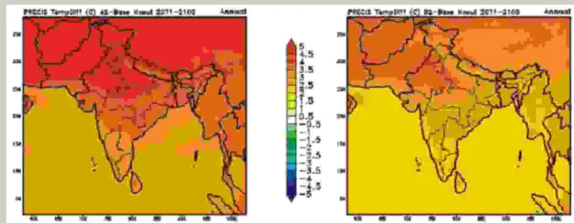 Figure 6: Projected changes in summer monsoon precipitation towards the end of 21st century, for A2  and B2 scenarios.