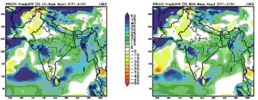 Figure 6: Projected changes in summer monsoon precipitation towards the end of 21st century, for A2  and B2 scenarios.