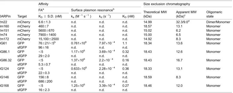 Table 1. Affinities and oligomeric states of GFP and mCherry-binding DARPins