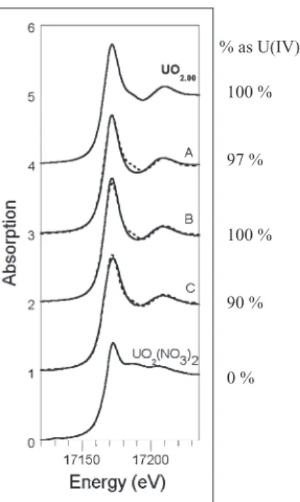 Fig. 4. U L III -edge XANES spectra collected at 77 K. Sample A is a fermentation culture exposed to U(VI) for 300 h