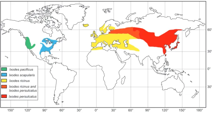 Fig.  2.5  Distribution  of  the  four  major  tick  species  belonging  to  the  I.  ricinus  complex:  I