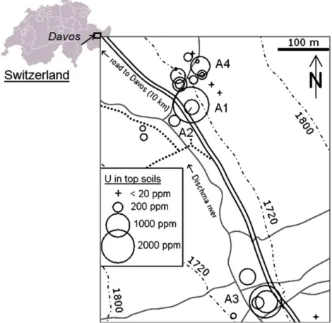 Fig. 1. Location of the four sampling areas (A1–A4) in the Dischma Valley, close to Davos (Grisons, Switzerland)