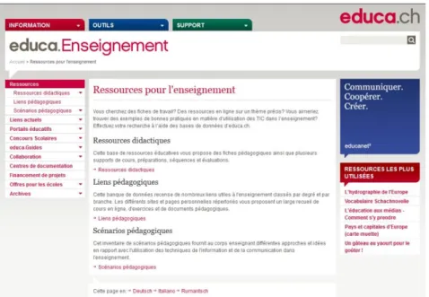 Fig. 5 : Capture d’écran de la partie française dédiée au partage de ressources entre  enseignants sur le site educa.ch 
