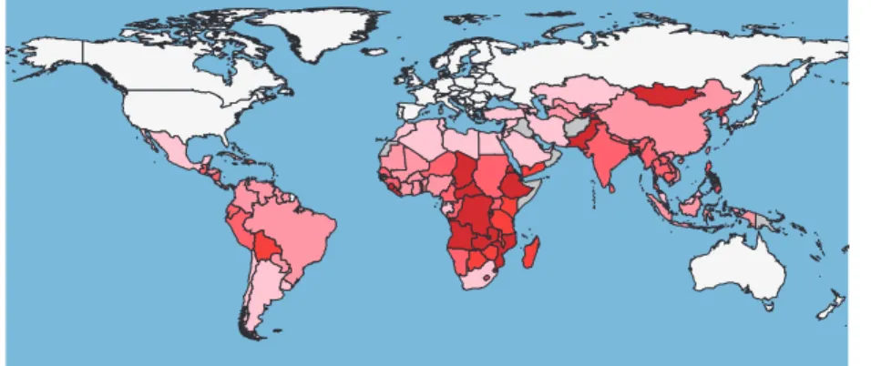 Illustration 2 : Carte de la faim dans le monde selon la FAO,  prévalence de la sous-alimentation par rapport à la  popula-tion totale (en %), par pays 
