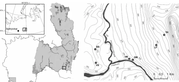 Fig. 1. Study site location and topographic map of the Pechora-Ilych biosphere reserve (Russia) showing the position of the sampled vegetation types (LF – large fern taiga, VM – Vaccinium-moss taiga, GM – Gymnocarpium-moss taiga, ES – Equisetum-Sphagnum ta