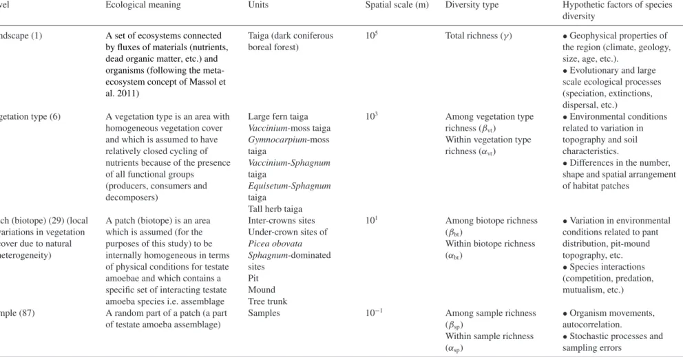 Table 1. Hierarchy of habitats studied in the old-grown dark coniferous forest of the Pechora-Ilych biosphere reserve (Russia) with a description of hypothetic factors and processes that may influence the species diversity of testate amoebae