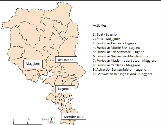 Figure 3.1 The analysed activities and attractions in Ticino  Source: Canton Ticino edited by the authors 