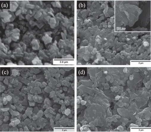 Fig. 2. FESEM micrographs for the (a) MB, (b) MBG, (c) MBR (R = Ho) and (d) MBRG (R = Ho) samples