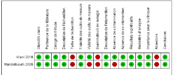 Tableau 3: Évaluation de la qualité des études incluses à l’aide de la grille de LAW modifiée  Item present: vert            Item absent: rouge 