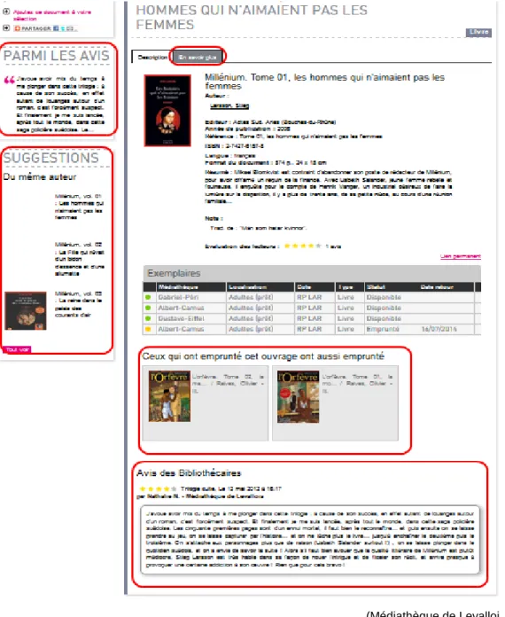 Figure 7 : Exemples de fonctionnalités de la Médiathèque de  Levalloi 
