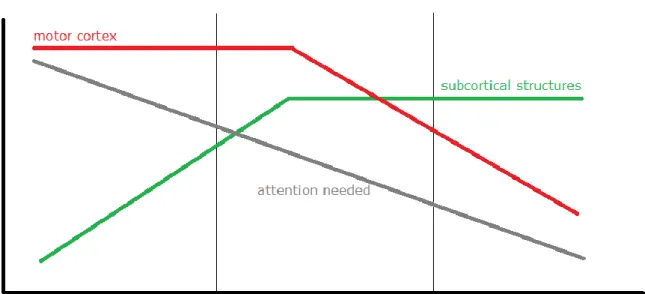 Fig. 1: the link between a theoretical model  (M Fitts &amp; I Posner, 1967) and a neuroimaging study  (Puttemans  et  al.,  2005)  of  the  movement  learning  stages  (Taube  W.,  2009,  handout  from  the 