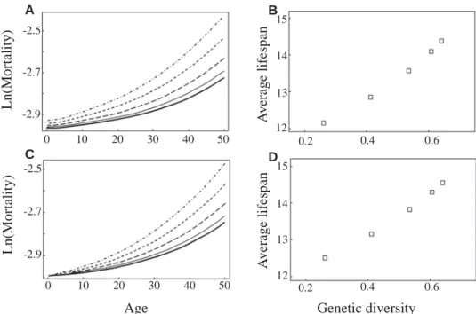 Figure 1. Mortality curves expected for different deme sizes in a metapopulation (A, B) and the expected relationship between genetic diversity at neutral markers and average lifespan (C, D)