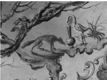 Fig. 16a : Décoration du couvercle (partie étroite), Clavecin  Ruckers (1632, 1745), Décor peint sur feuilles d’or, 1745,  Musée d’art et d’histoire, Neuchâtel, Suisse