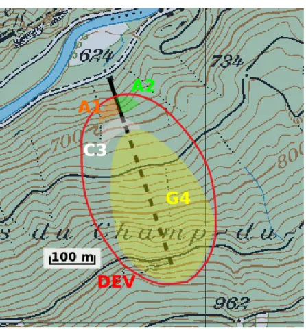 Fig. 6: Estimated watersheds for the A1, A2, and C3 seepages, and for  the Dev and G4 spillways.