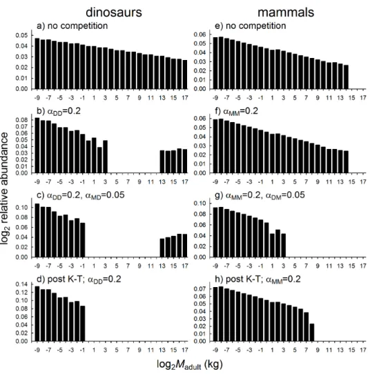 Figure 5. Outcomes of the size-specific competition model, comparing outcomes for M-S distributions of dinosaur (with a higher number of size-specific niche overlaps due to their more complex ontogenetic histories) and mammal communities