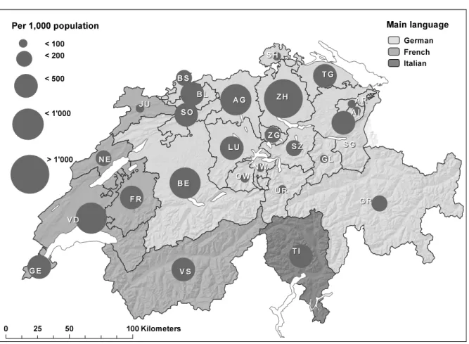 Figure 2:  Population sizes and main languages of Swiss cantons 1) , per 1,000 population 