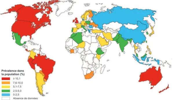 Figure 10 – Prévalence de l’asthme dans le monde, d’après la Phase I de l’enquête multicentrique ISAAC (Masoli et coll