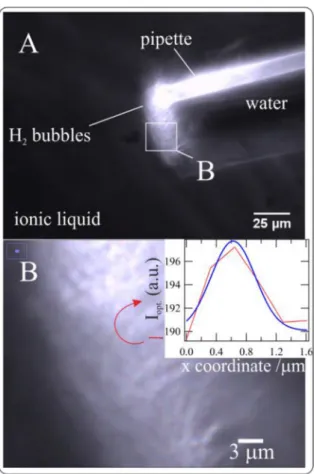 Fig. 6B provides a close-up of the pipette tip and H 2 foam. The red line (arrow) describes the location from which a plot pro ﬁ le (inset) of the local scattered light intensity, I opt
