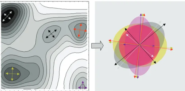Fig. 2 Schematic view of the consensus mode calculation for a series of sampled minima of the potential energy surface, each associated with a distinct normal mode description (diﬀerent sets of colored arrows)