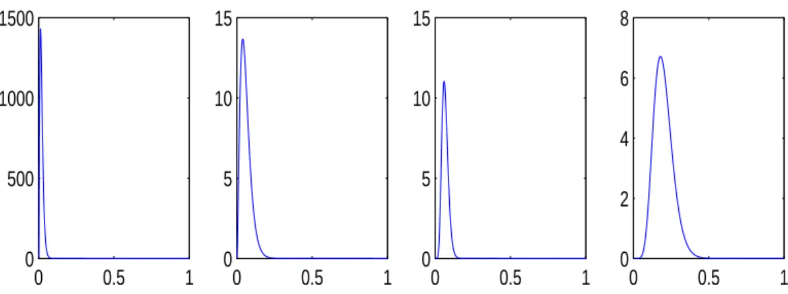 Figure 3: Examples of filters, from left to right: (ν, λ) ∈ {(3, 150), (3, 50), (10, 150), (10, 50)}