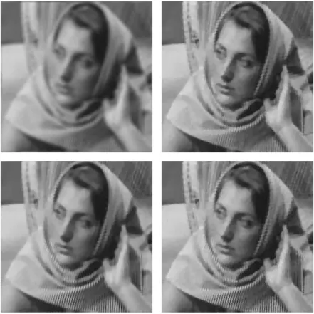 Figure 9. Restoration from uniform blur. Top, left: blurred image; Top, right: ROF model (522 iterations, CPU time=4.6s, PSNR=24.73dB); Bottom, left: LM model (1978 iterations, CPU time=1991s, PSNR=25.49dB); Bottom, right: Proposed model (1083 iterations, 