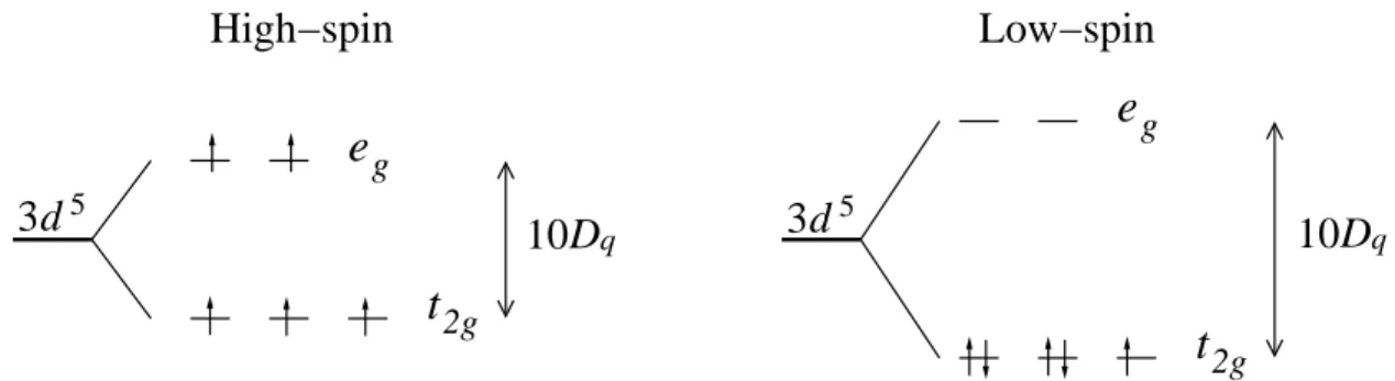 FIG. 15 Example of high-spin (S = 5/2) and low spin (S = 1/2) configurations for a 3d 5 metal ion in octahedral symmetry