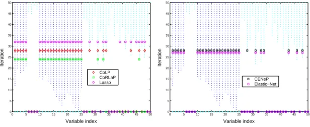 Figure 3: Variable selection analysis for the CoLP, the CoRLaP and the CENeP in Exam- Exam-ple (b)[300/1] (variables 1 to 5 and 10 to 25 are relevant; see variables in dark blue on the plot).