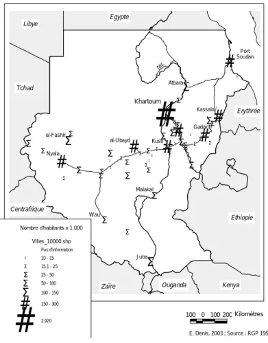 Figure 1 : Les agglomérations soudanaises de plus de 10.000 habitants en 1993 