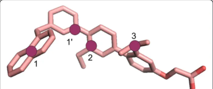 Figure 1 1-naphthyl therphenyl structure colored by atom type. The pharmacophoric points chosen for docking accuracy evaluation are shown as purple circles for CaM: 1, 1’, and 2, and for HsCen2: 1, 2, and 3.