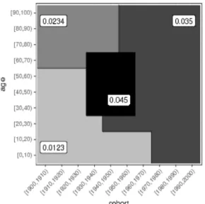 Figure 6: Piecewise constant true hazard and estimations using the AGE - COHORT model and the ridge penalization estimation for 100 simulations