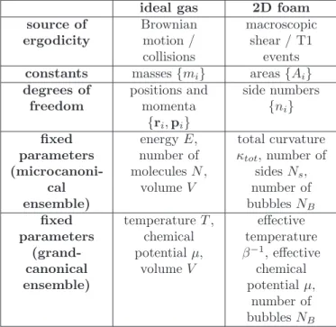 Table 1: Statistical description of an ideal gas and a 2D foam.