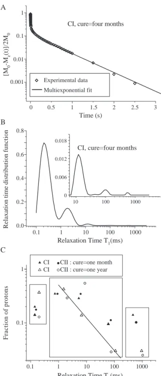Fig. 1. (A) Recovery of proton longitudinal magnetization at 100 MHz for the CI sample cured for 4 months