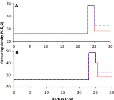 Figure 9. Profiles of scattering density for dispersions of AEP particles in H 2 O+D 2 O solvents  (A), and for AEP particles in H 2 O+D 2 O solvents containing BSA (2000 µg/mL)