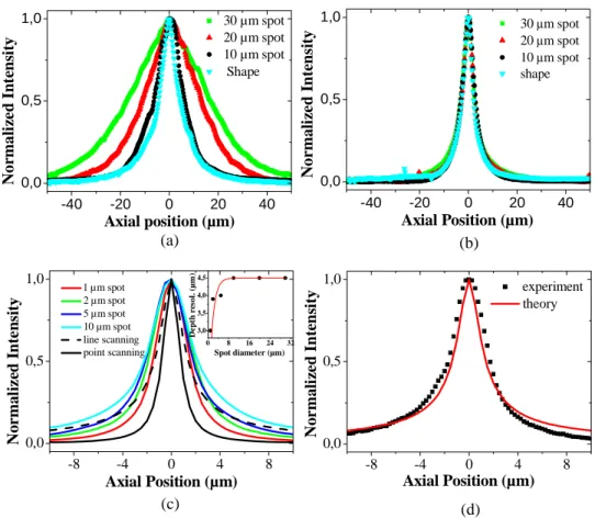 Fig. 2. Measured axial profiles of the intensity distribution for the 30, 20, 10µ m diameter spot  and the dendritic shape of Fig