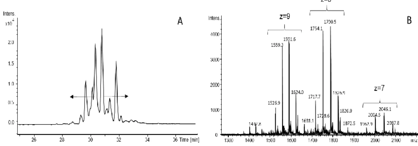 Figure  S2:  (A)  BPC  and  (B)  average  MS  spectrum  between  28.5  and  32.5 min  (see  arrow)  with  the  different  charge  states  obtained  by  RPLC-HRMS  for  r-hCG