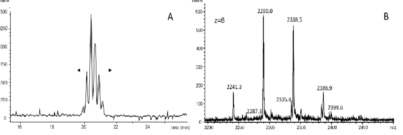 Figure 1: (A) BPC and (B) average MS spectrum between 19.8 and 21.8 min (see arrow) obtained by  HILIC-HRMS for r-hCG
