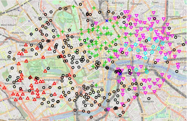 Figure 3: London bike sharing system: Geographic positions of the stations and clustering into six clusters (represented by different colors and symbols) for day 1.