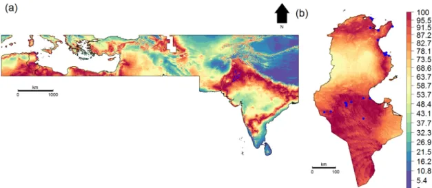 Fig 1. Climatic suitability map of Bemisia tabaci. (A) across the geographical extent used for model calibration and (B) across Tunisia